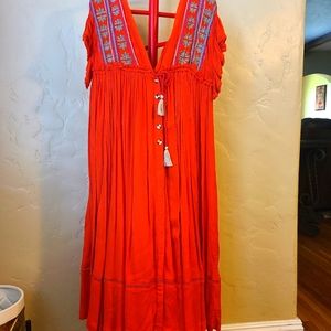 NWT FREE PEOPLE XS WILL WAIT FOR YOU BALI BOHO RED BUTTON EMBROIDERED DRESS